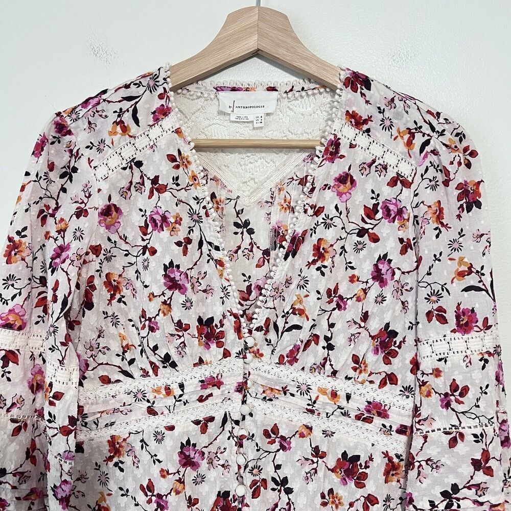 Anthropologie Puff Sleeve Floral Lace Trim Buttondown Blouse Top Size 4 Cottage - Picture 4 of 12